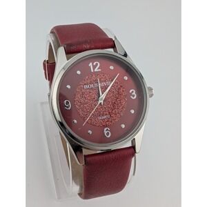 Boussivie Watch Women‎ 35mm Silver Case Red Faux Leather Band- New Battery